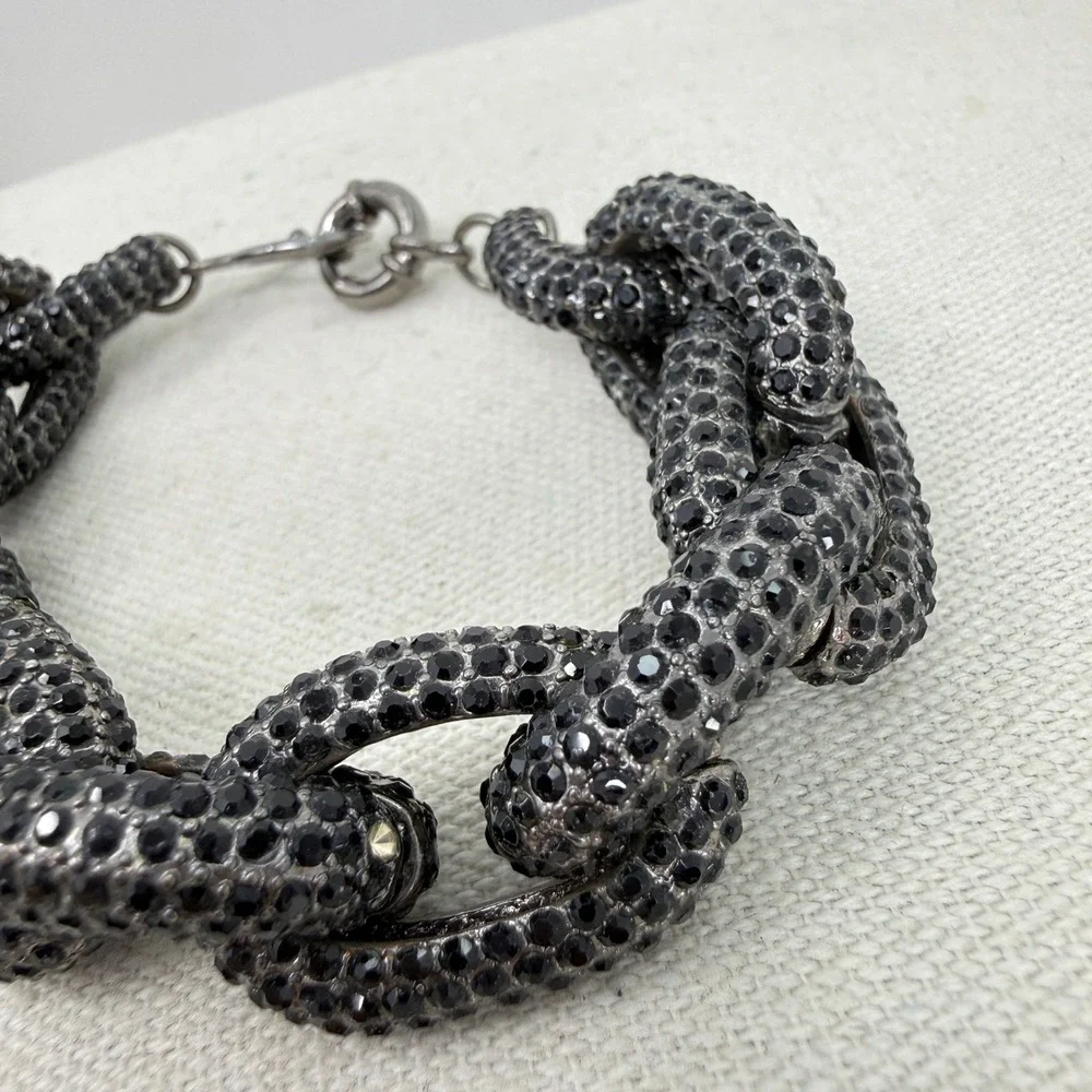 Chunky Link Bracelet Black Rhinestone Silver Tone Statement Bold‎ Sparkle